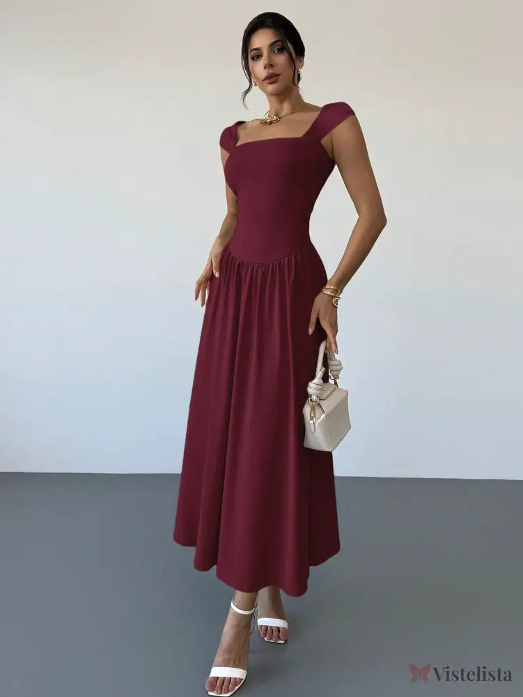 Vestido Longo Decote Quadrado Com Mangas Curtas Elegante Vestido Longo Decote Quadrado Com Mangas Curtas Elegante