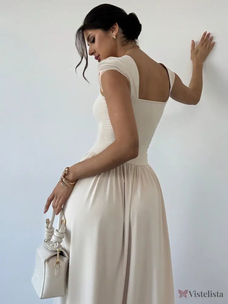 Vestido Longo Decote Quadrado Com Mangas Curtas Elegante Vestido Longo Decote Quadrado Com Mangas Curtas Elegante