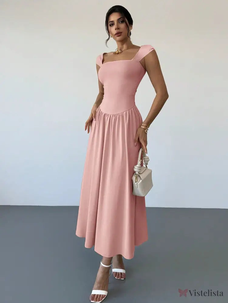 Vestido Longo Decote Quadrado Com Mangas Curtas Elegante Vestido Longo Decote Quadrado Com Mangas Curtas Elegante