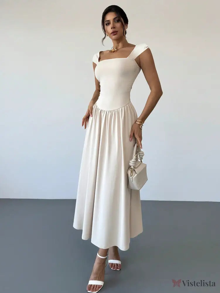 Vestido Longo Decote Quadrado Com Mangas Curtas Elegante Vestido Longo Decote Quadrado Com Mangas Curtas Elegante