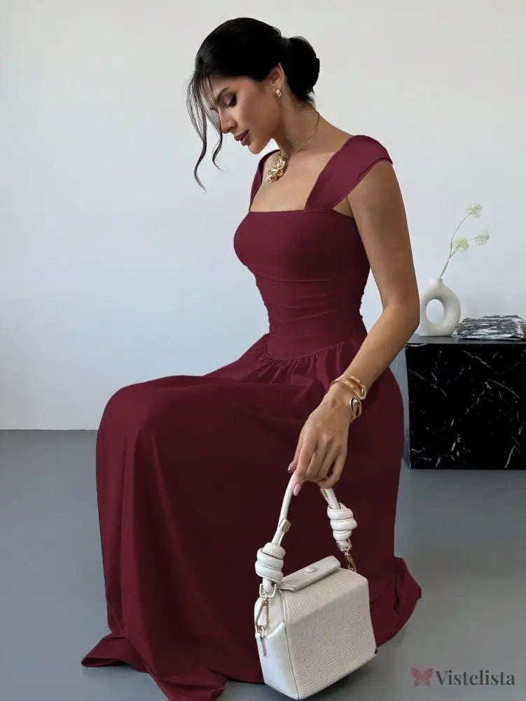 Vestido Longo Decote Quadrado Com Mangas Curtas Elegante Vestido Longo Decote Quadrado Com Mangas Curtas Elegante