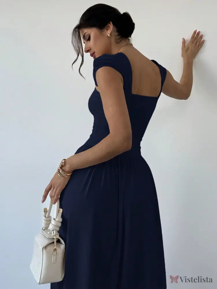Vestido Longo Decote Quadrado Com Mangas Curtas Elegante Vestido Longo Decote Quadrado Com Mangas Curtas Elegante