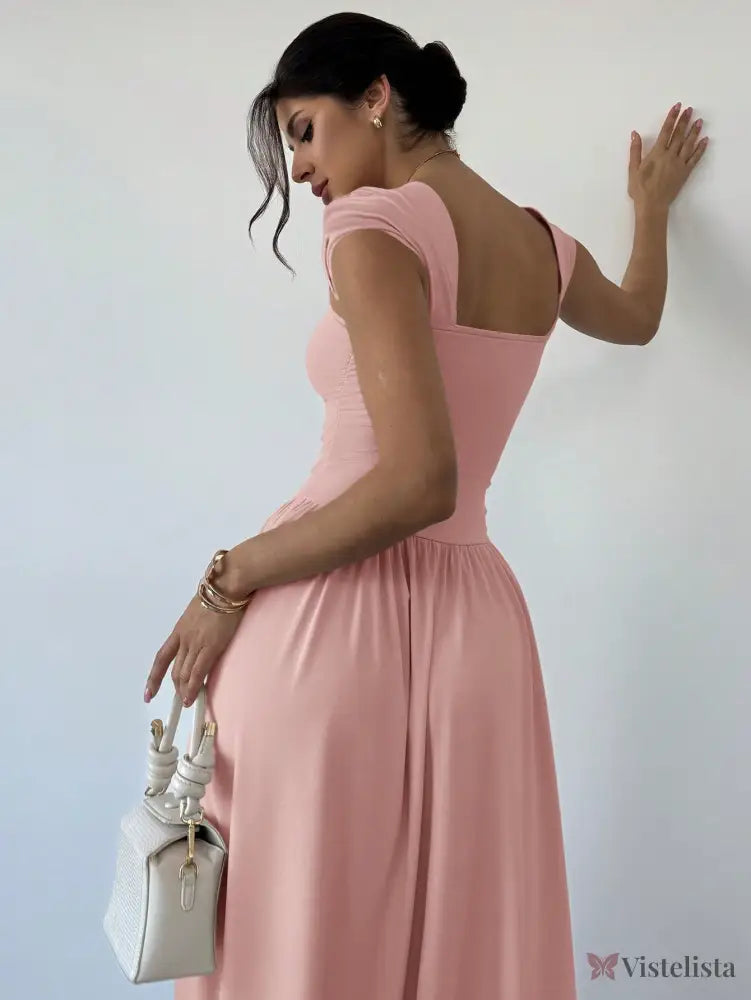 Vestido Longo Decote Quadrado Com Mangas Curtas Elegante Vestido Longo Decote Quadrado Com Mangas Curtas Elegante