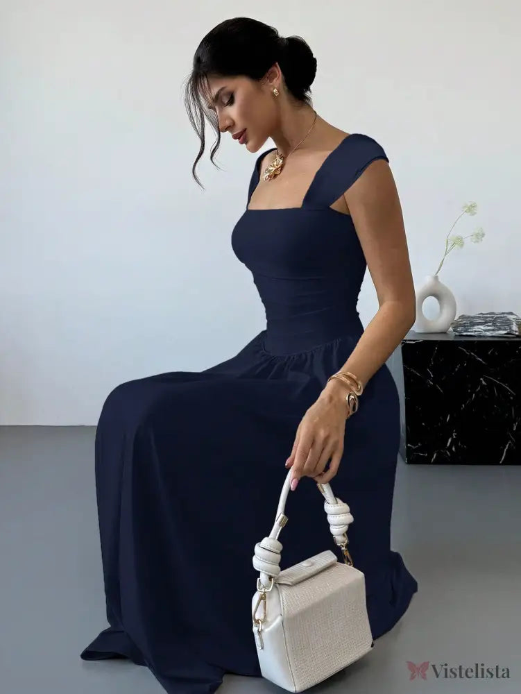 Vestido Longo Decote Quadrado Com Mangas Curtas Elegante Vestido Longo Decote Quadrado Com Mangas Curtas Elegante