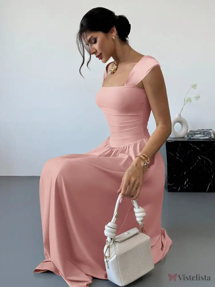 Vestido Longo Decote Quadrado Com Mangas Curtas Elegante Vestido Longo Decote Quadrado Com Mangas Curtas Elegante