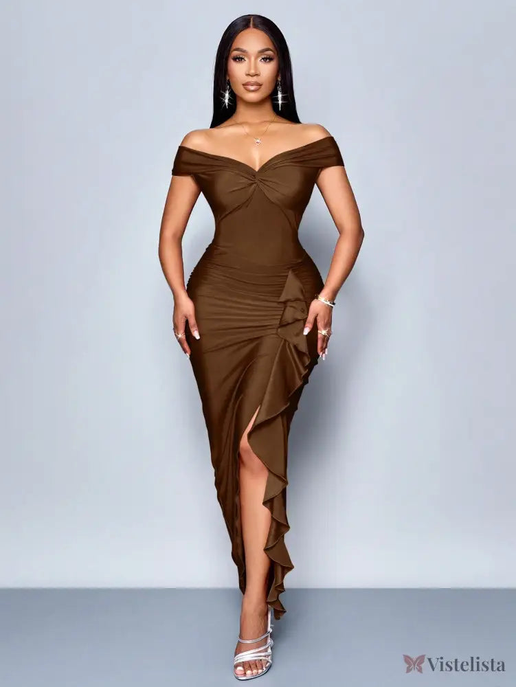 Vestido Longo Elegante Drapeado Ombro A Ombro Com Babado Vestido Longo Elegante Drapeado Ombro A Ombro Com Babado