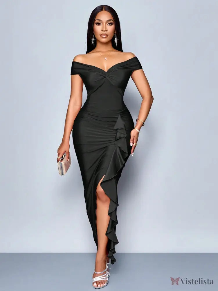 Vestido Longo Elegante Drapeado Ombro A Ombro Com Babado Vestido Longo Elegante Drapeado Ombro A Ombro Com Babado