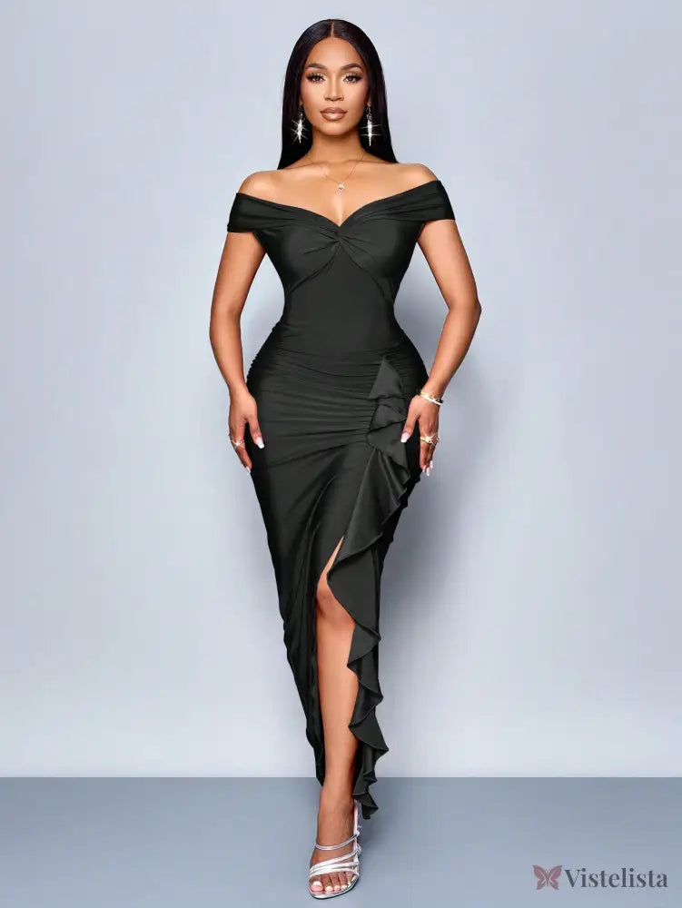 Vestido Longo Elegante Drapeado Ombro A Ombro Com Babado Vestido Longo Elegante Drapeado Ombro A Ombro Com Babado