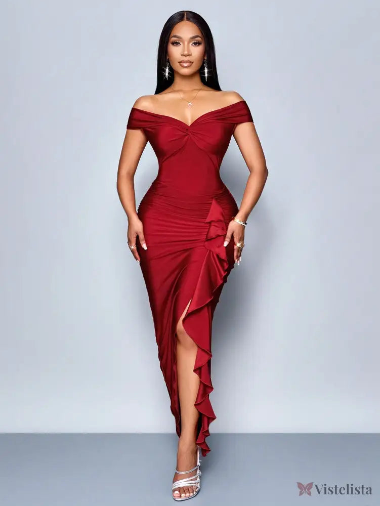 Vestido Longo Elegante Drapeado Ombro A Ombro Com Babado Vestido Longo Elegante Drapeado Ombro A Ombro Com Babado