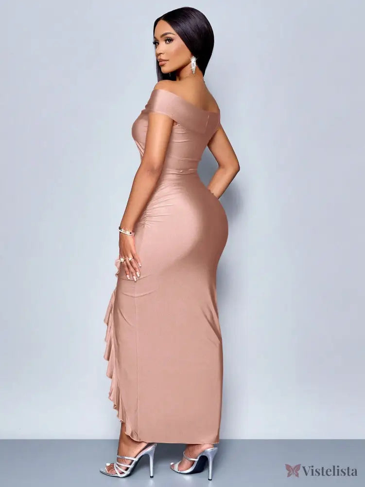 Vestido Longo Elegante Drapeado Ombro A Ombro Com Babado Vestido Longo Elegante Drapeado Ombro A Ombro Com Babado