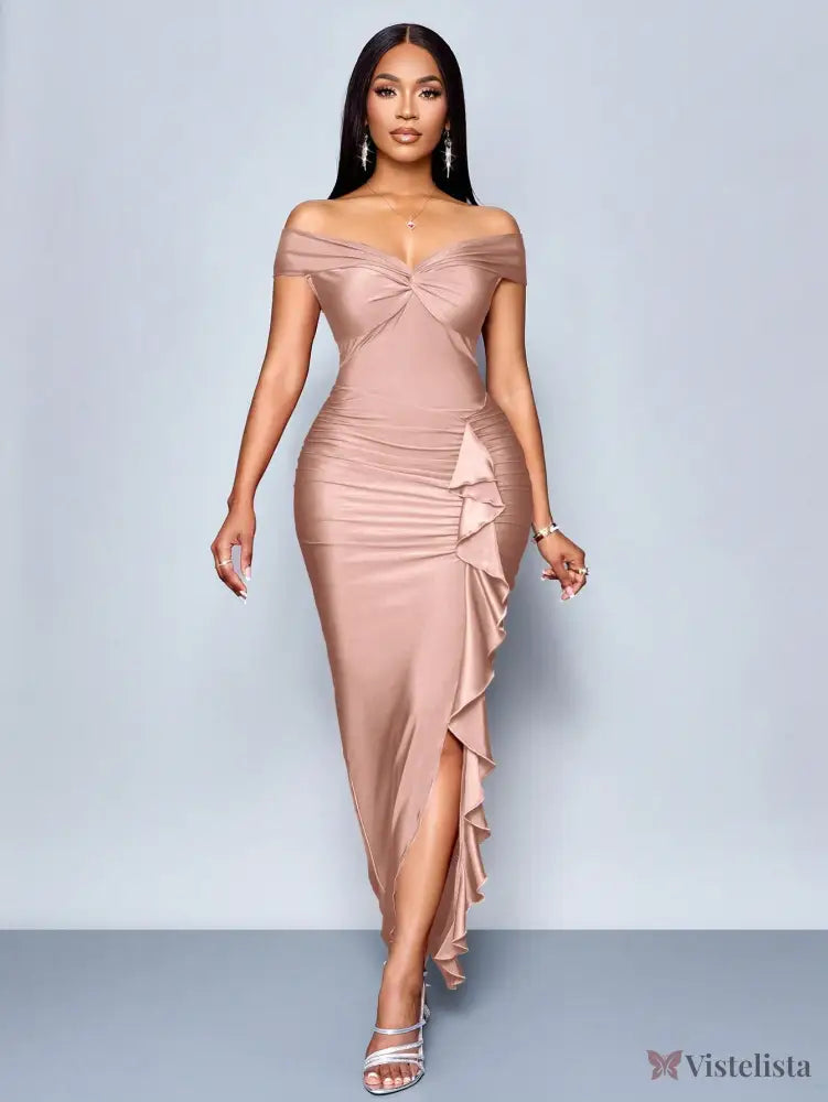 Vestido Longo Elegante Drapeado Ombro A Ombro Com Babado Vestido Longo Elegante Drapeado Ombro A Ombro Com Babado