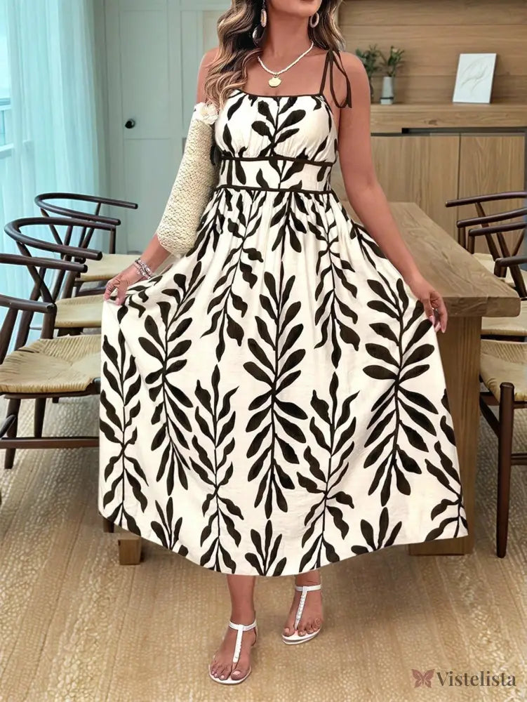 Vestido Longo Estampado com Alças Ajustáveis e Cintura Marcada Vestido Longo Estampado com Alças Ajustáveis e Cintura