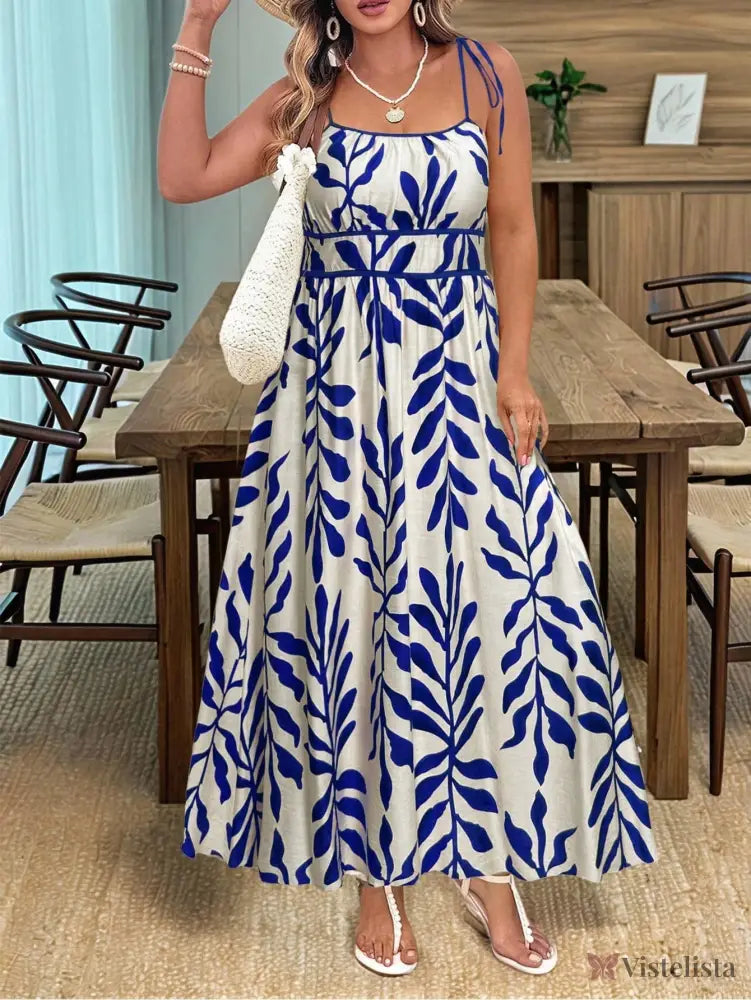 Vestido Longo Estampado com Alças Ajustáveis e Cintura Marcada Vestido Longo Estampado com Alças Ajustáveis e Cintura