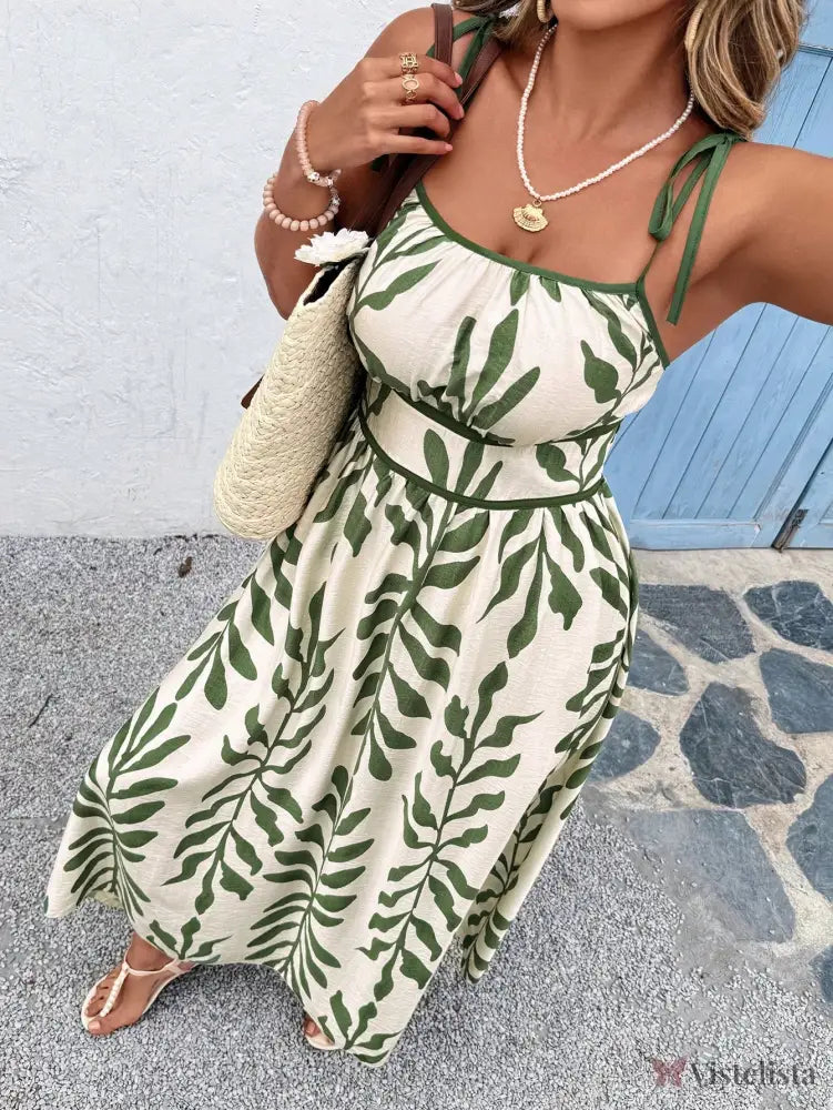 Vestido Longo Estampado com Alças Ajustáveis e Cintura Marcada Vestido Longo Estampado com Alças Ajustáveis e Cintura