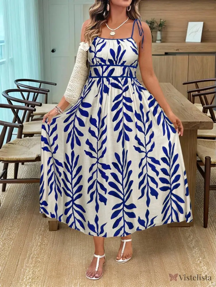 Vestido Longo Estampado com Alças Ajustáveis e Cintura Marcada Vestido Longo Estampado com Alças Ajustáveis e Cintura