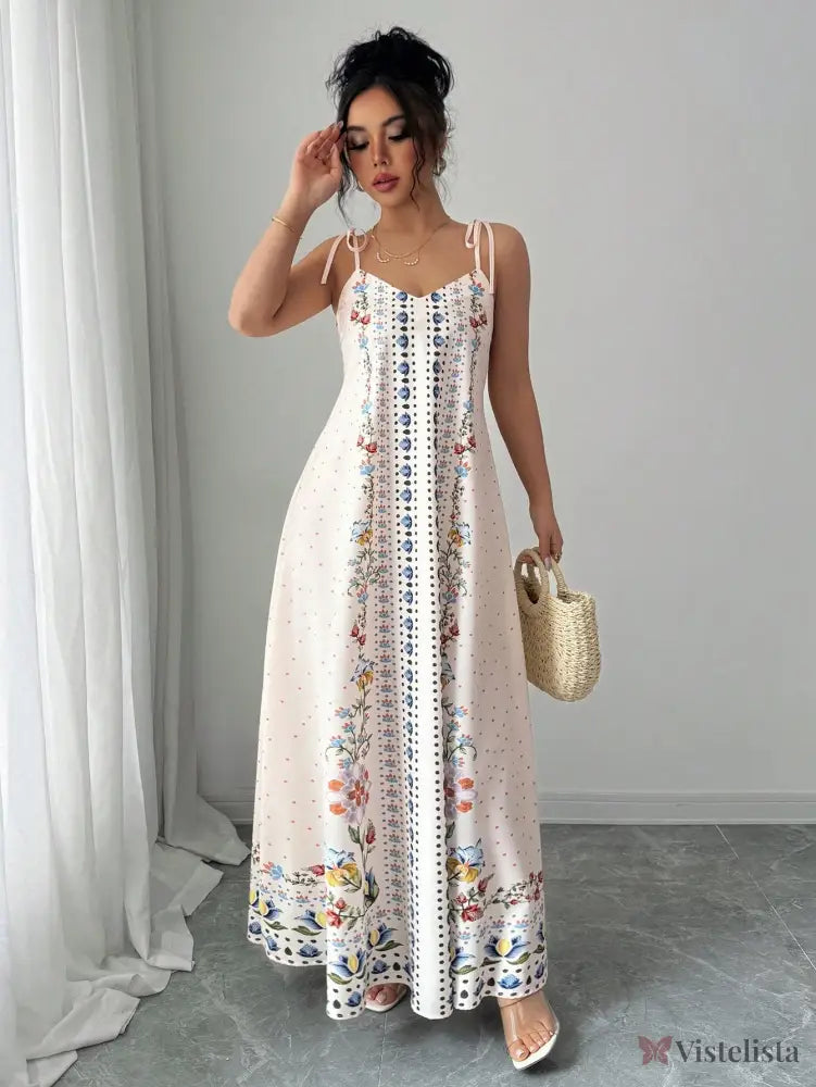 Vestido Longo Estampado com Alças Finas e Barra Decorada Vestido Longo Estampado com Alças Finas e Barra Decorada