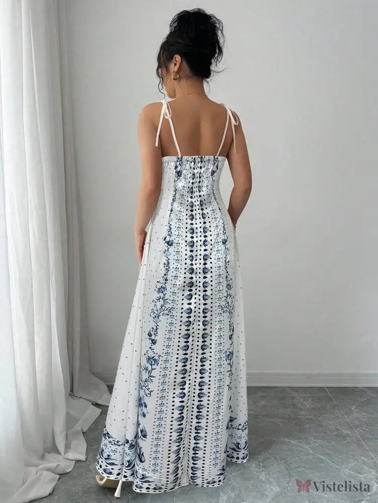 Vestido Longo Estampado com Alças Finas e Barra Decorada Vestido Longo Estampado com Alças Finas e Barra Decorada