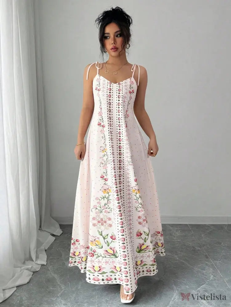 Vestido Longo Estampado com Alças Finas e Barra Decorada Vestido Longo Estampado com Alças Finas e Barra Decorada
