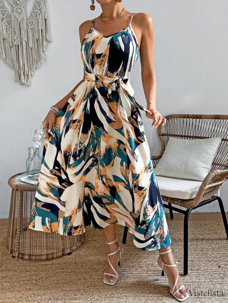 Vestido Longo Estampado Com Cinto E Decote V Vestido Longo Estampado Com Cinto E Decote V