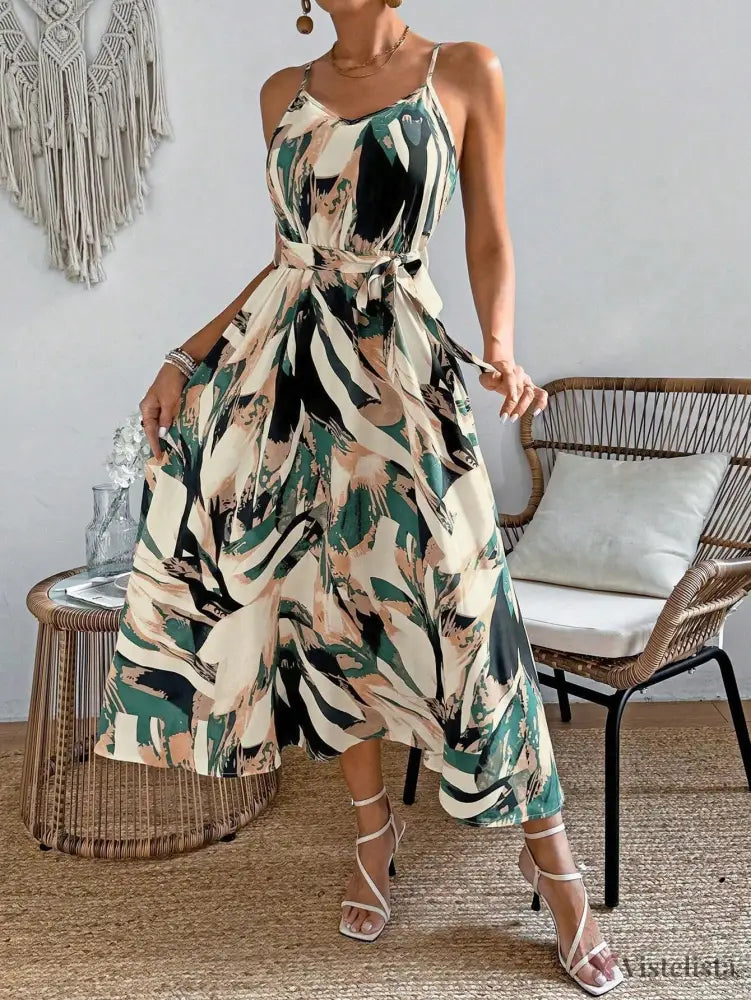 Vestido Longo Estampado Com Cinto E Decote V Vestido Longo Estampado Com Cinto E Decote V