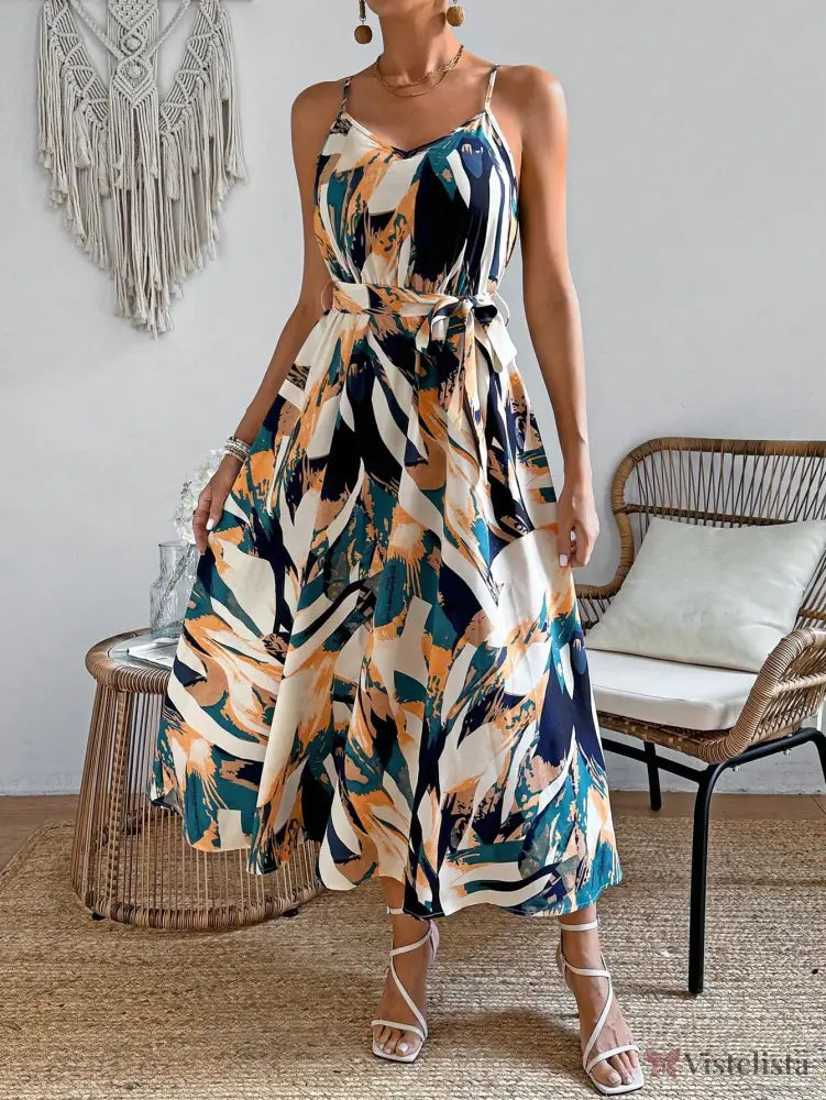 Vestido Longo Estampado Com Cinto E Decote V Vestido Longo Estampado Com Cinto E Decote V