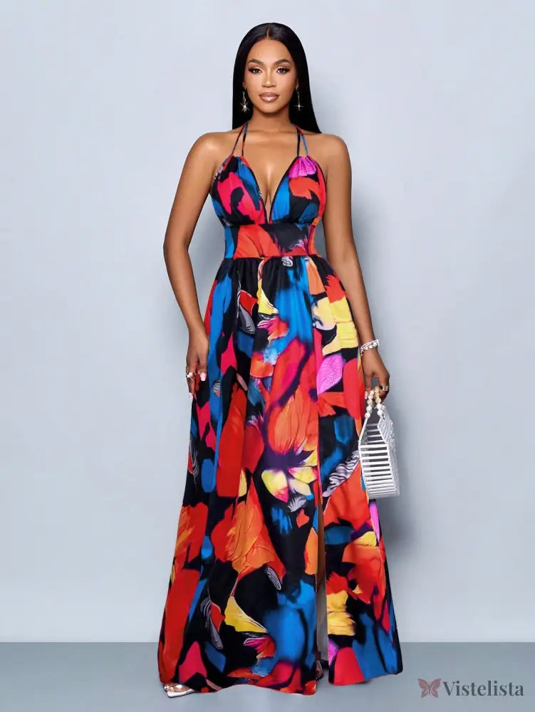 Vestido Longo Estampado Decote Halter Com Saia Rodada Vestido Longo Estampado Decote Halter Com Saia Rodada