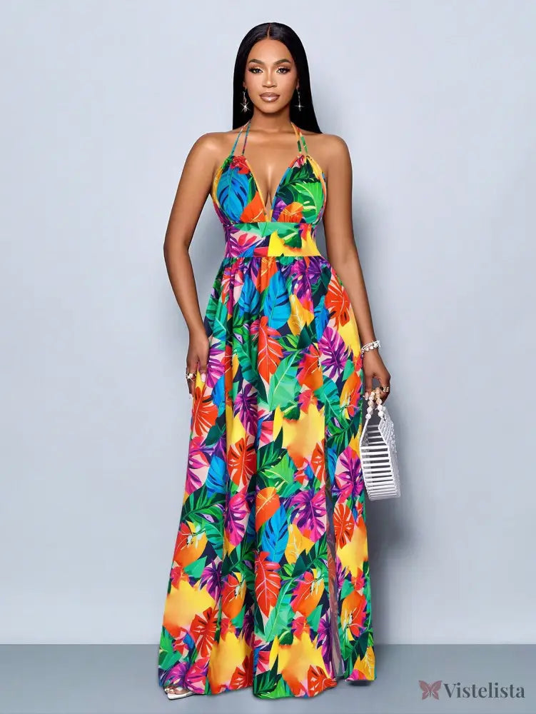 Vestido Longo Estampado Decote Halter Com Saia Rodada Vestido Longo Estampado Decote Halter Com Saia Rodada