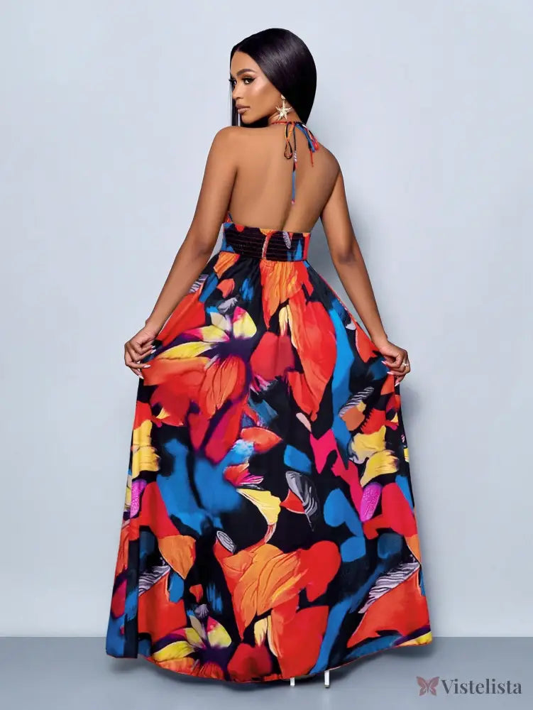 Vestido Longo Estampado Decote Halter Com Saia Rodada Vestido Longo Estampado Decote Halter Com Saia Rodada