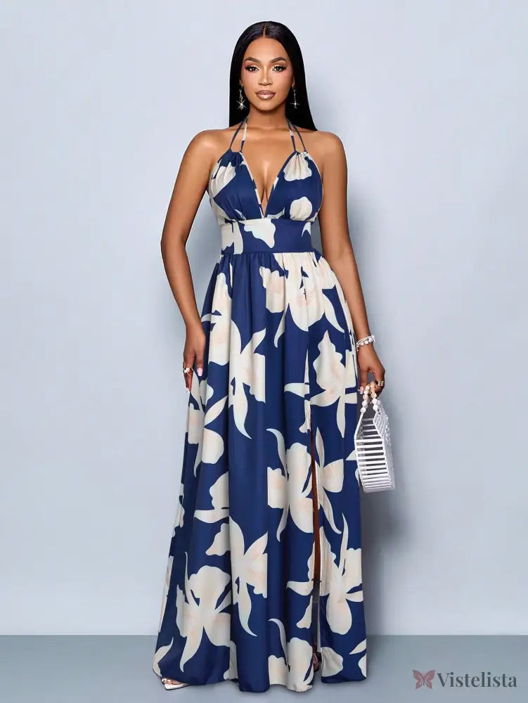 Vestido Longo Estampado Decote Halter Com Saia Rodada Vestido Longo Estampado Decote Halter Com Saia Rodada