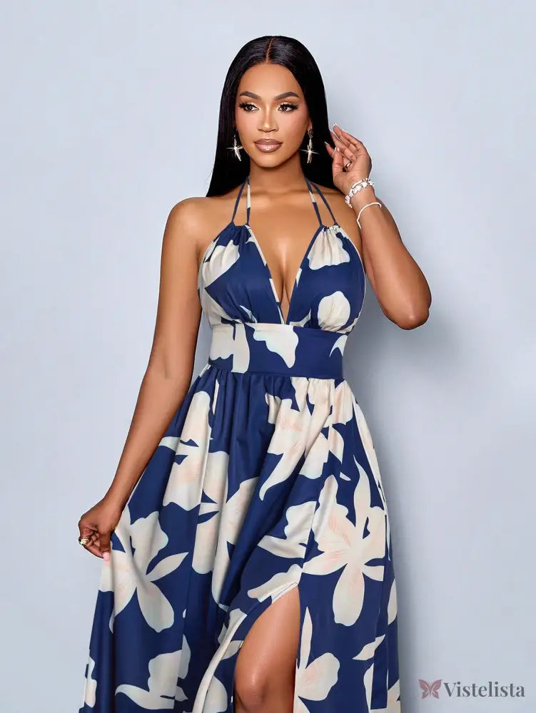 Vestido Longo Estampado Decote Halter Com Saia Rodada Vestido Longo Estampado Decote Halter Com Saia Rodada