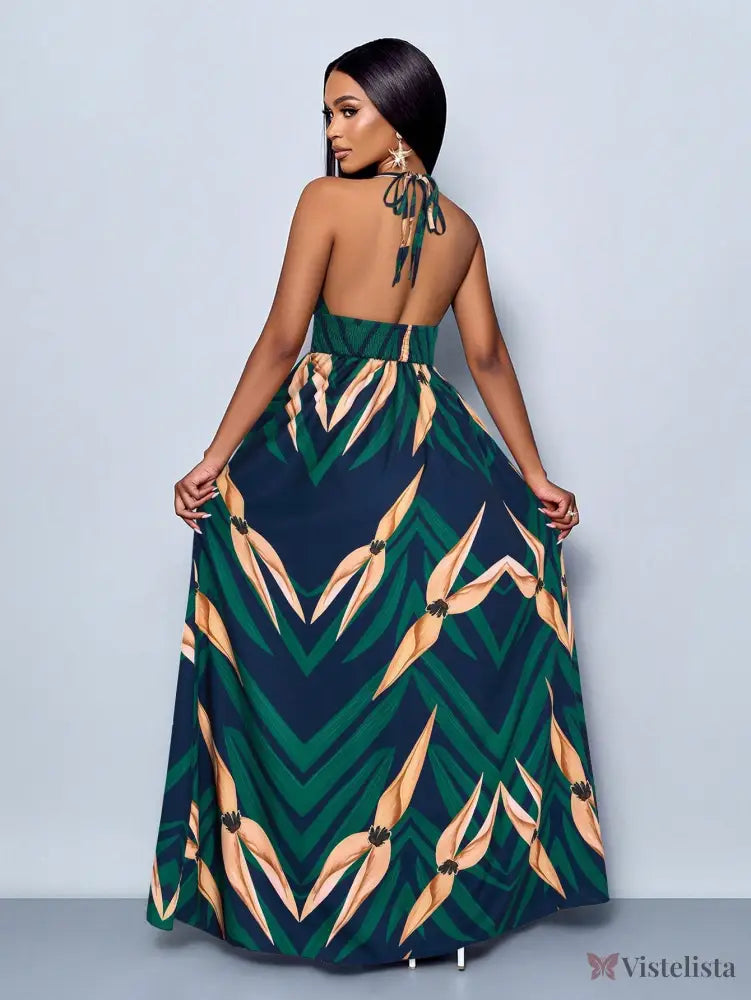 Vestido Longo Estampado Decote Halter Com Saia Rodada Vestido Longo Estampado Decote Halter Com Saia Rodada