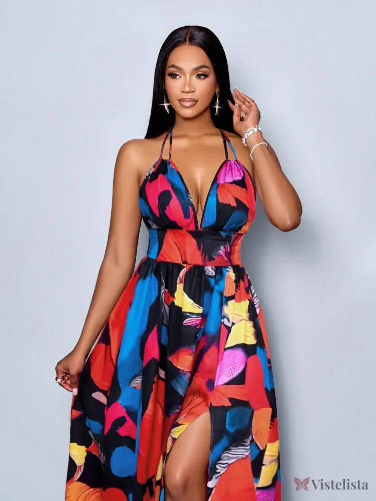 Vestido Longo Estampado Decote Halter Com Saia Rodada Vestido Longo Estampado Decote Halter Com Saia Rodada