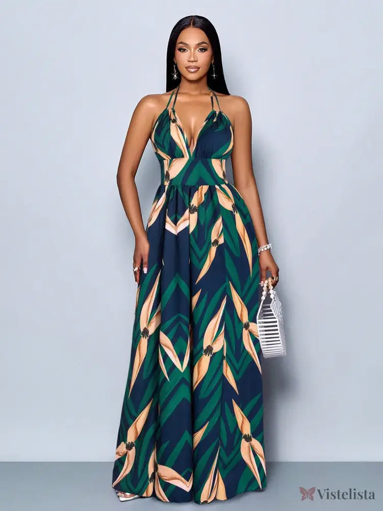 Vestido Longo Estampado Decote Halter Com Saia Rodada Vestido Longo Estampado Decote Halter Com Saia Rodada