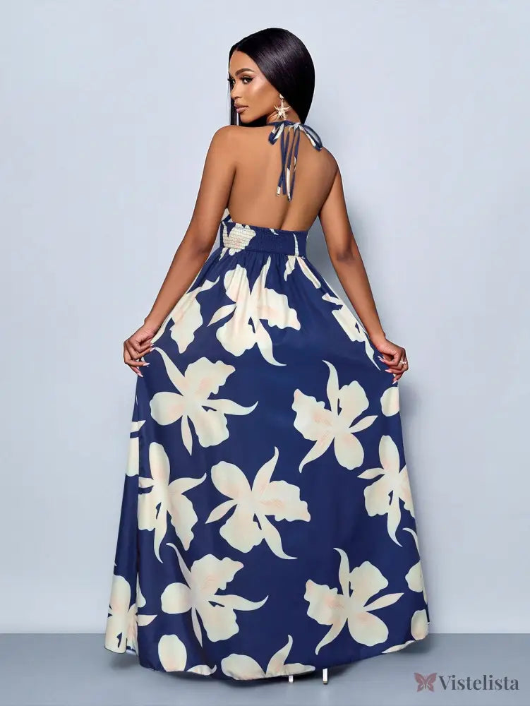 Vestido Longo Estampado Decote Halter Com Saia Rodada Vestido Longo Estampado Decote Halter Com Saia Rodada
