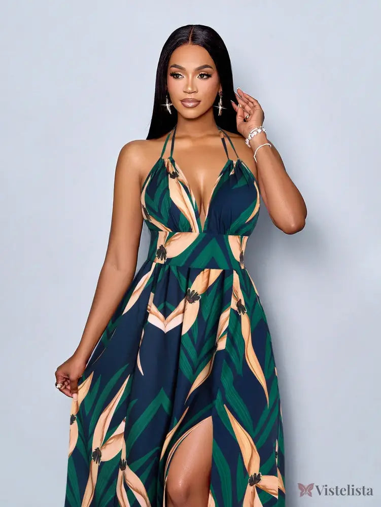 Vestido Longo Estampado Decote Halter Com Saia Rodada Vestido Longo Estampado Decote Halter Com Saia Rodada