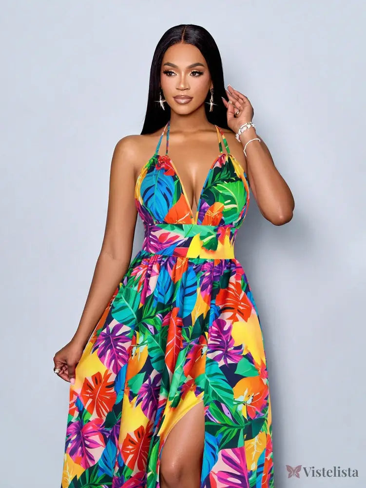 Vestido Longo Estampado Decote Halter Com Saia Rodada Vestido Longo Estampado Decote Halter Com Saia Rodada