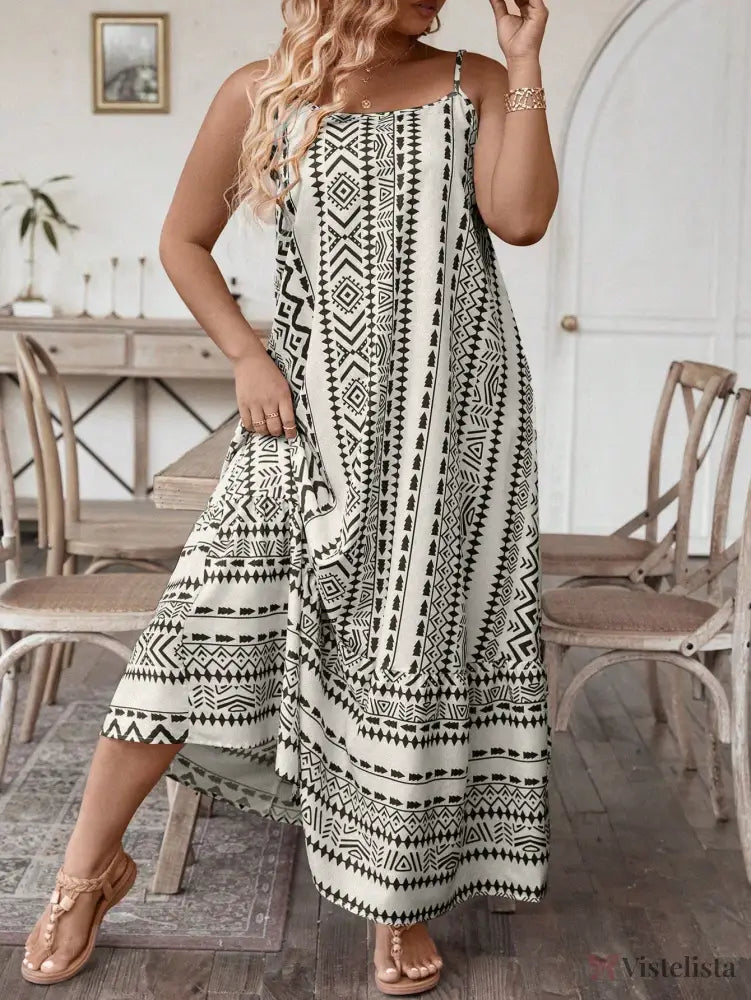 Vestido Longo Estampado Étnico Com Alças Finas Vestido Longo Estampado Étnico Com Alças Finas