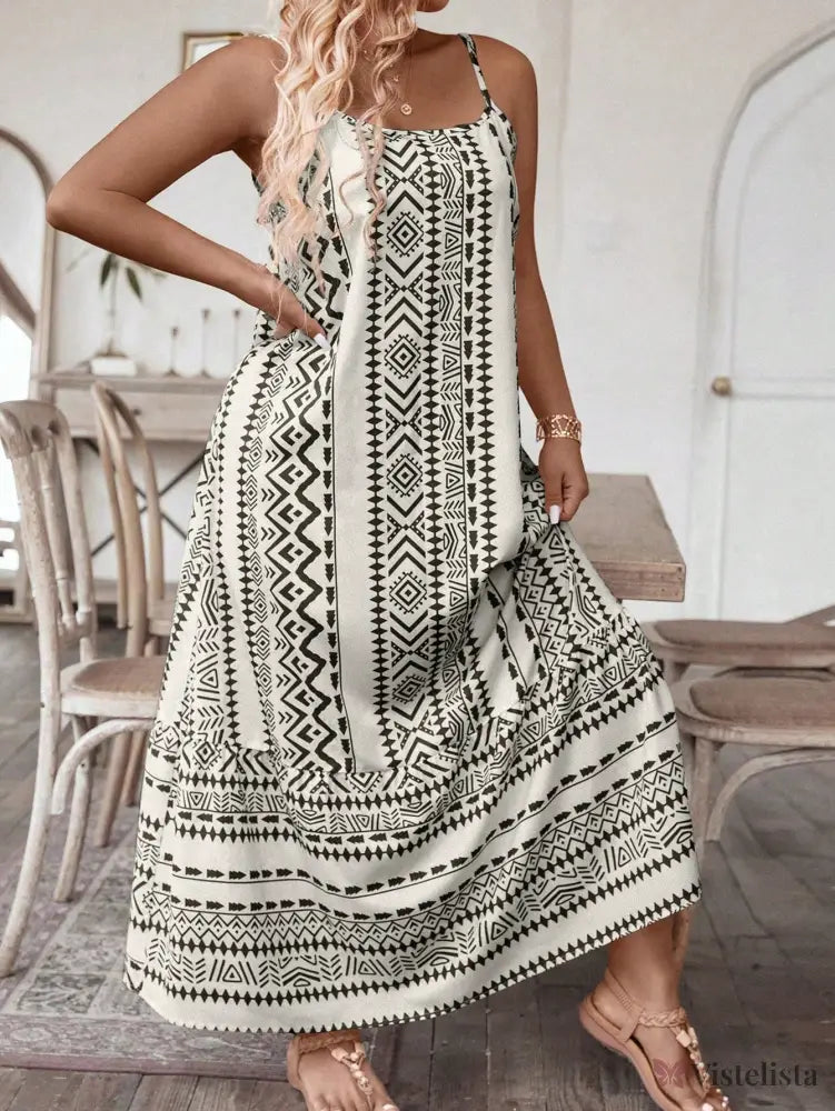 Vestido Longo Estampado Étnico Com Alças Finas Vestido Longo Estampado Étnico Com Alças Finas