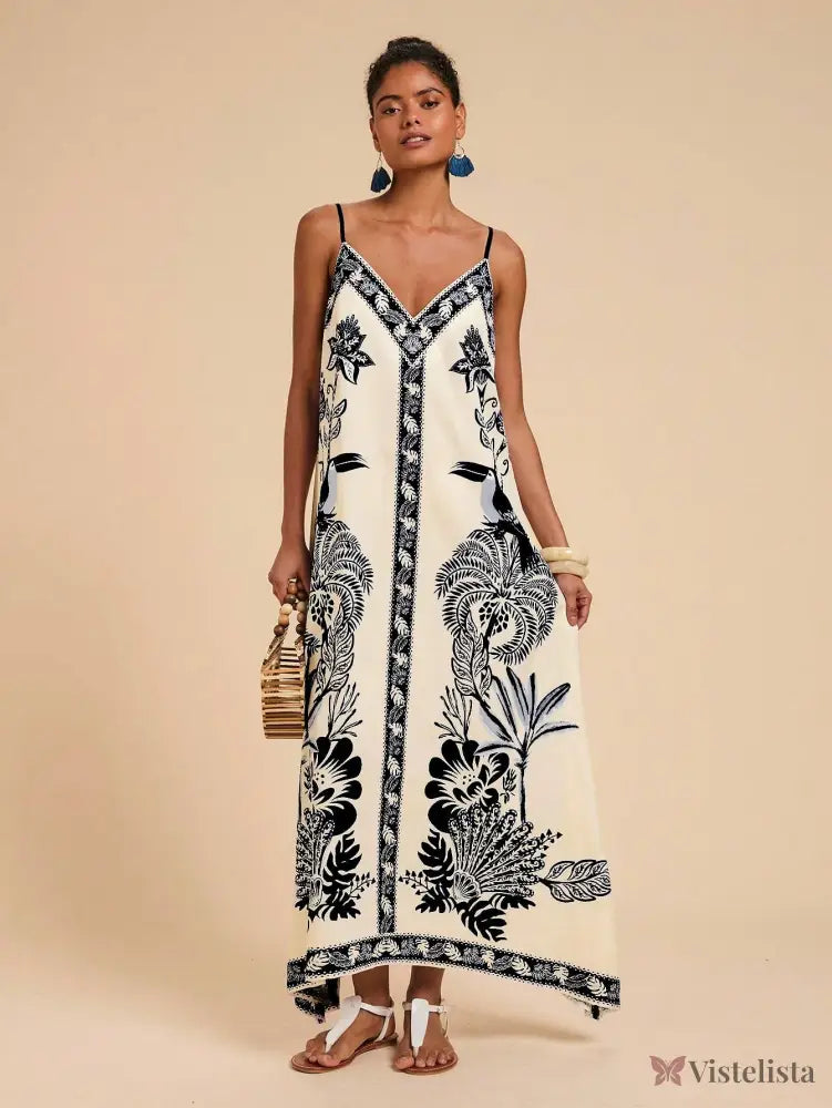 Vestido Longo Estampado Étnico Decote V Alças Finas Vestido Longo Estampado Étnico Decote V Alças Finas