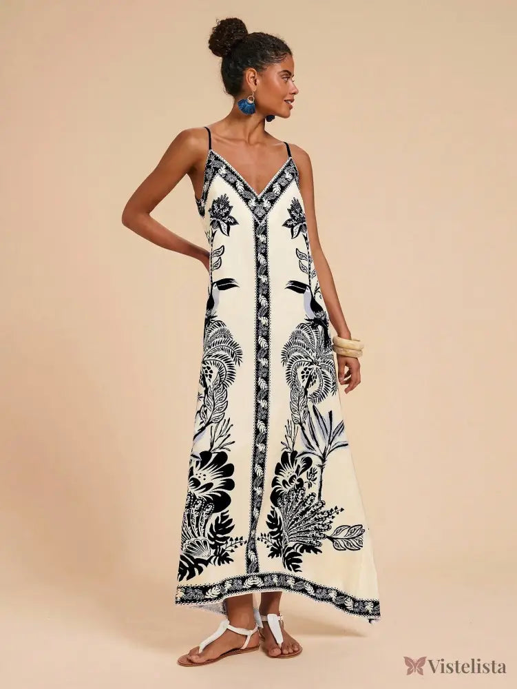 Vestido Longo Estampado Étnico Decote V Alças Finas Vestido Longo Estampado Étnico Decote V Alças Finas