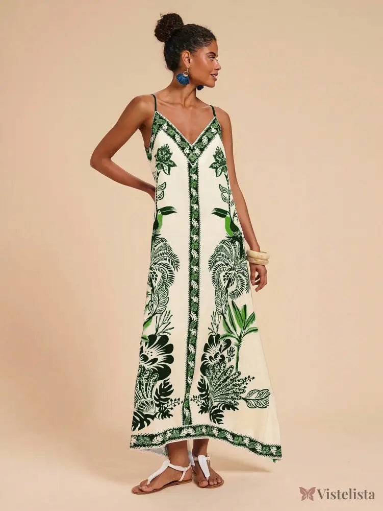 Vestido Longo Estampado Étnico Decote V Alças Finas Vestido Longo Estampado Étnico Decote V Alças Finas