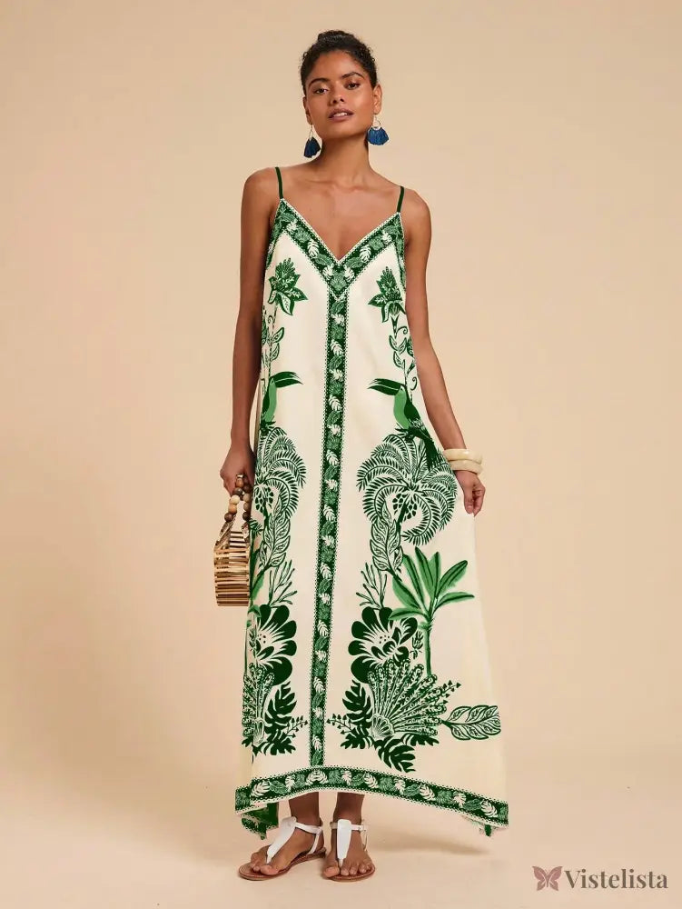 Vestido Longo Estampado Étnico Decote V Alças Finas Vestido Longo Estampado Étnico Decote V Alças Finas