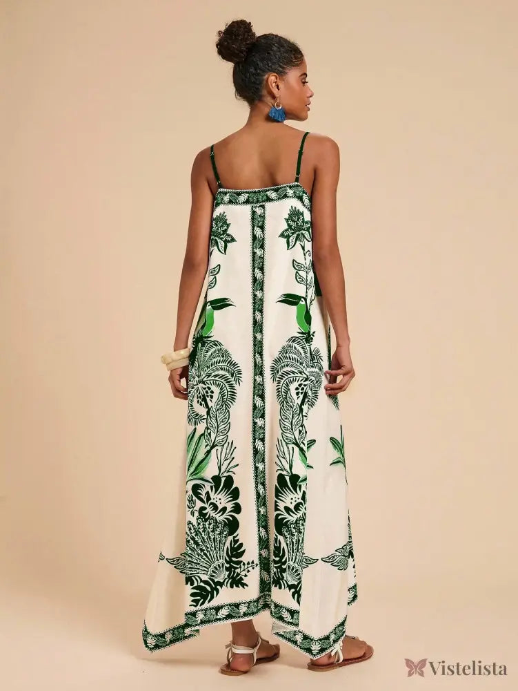 Vestido Longo Estampado Étnico Decote V Alças Finas Vestido Longo Estampado Étnico Decote V Alças Finas