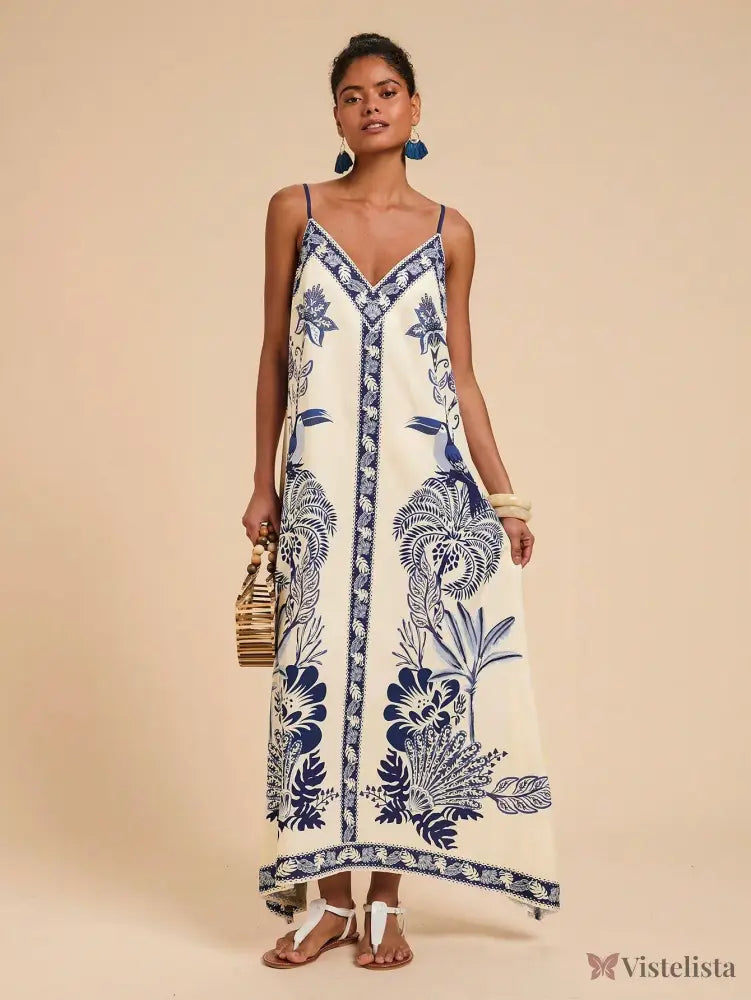 Vestido Longo Estampado Étnico Decote V Alças Finas Vestido Longo Estampado Étnico Decote V Alças Finas
