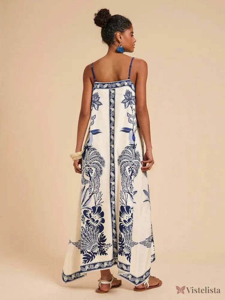 Vestido Longo Estampado Étnico Decote V Alças Finas Vestido Longo Estampado Étnico Decote V Alças Finas