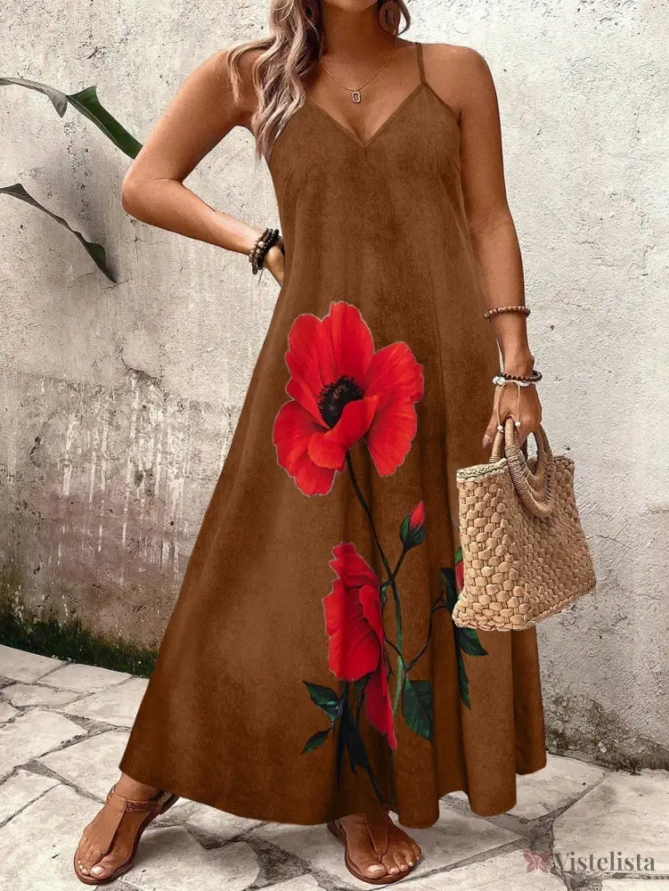 Vestido Longo Estampado Floral Alças Finas Estilo Boho Vestido Longo Estampado Floral Alças Finas Estilo Boho