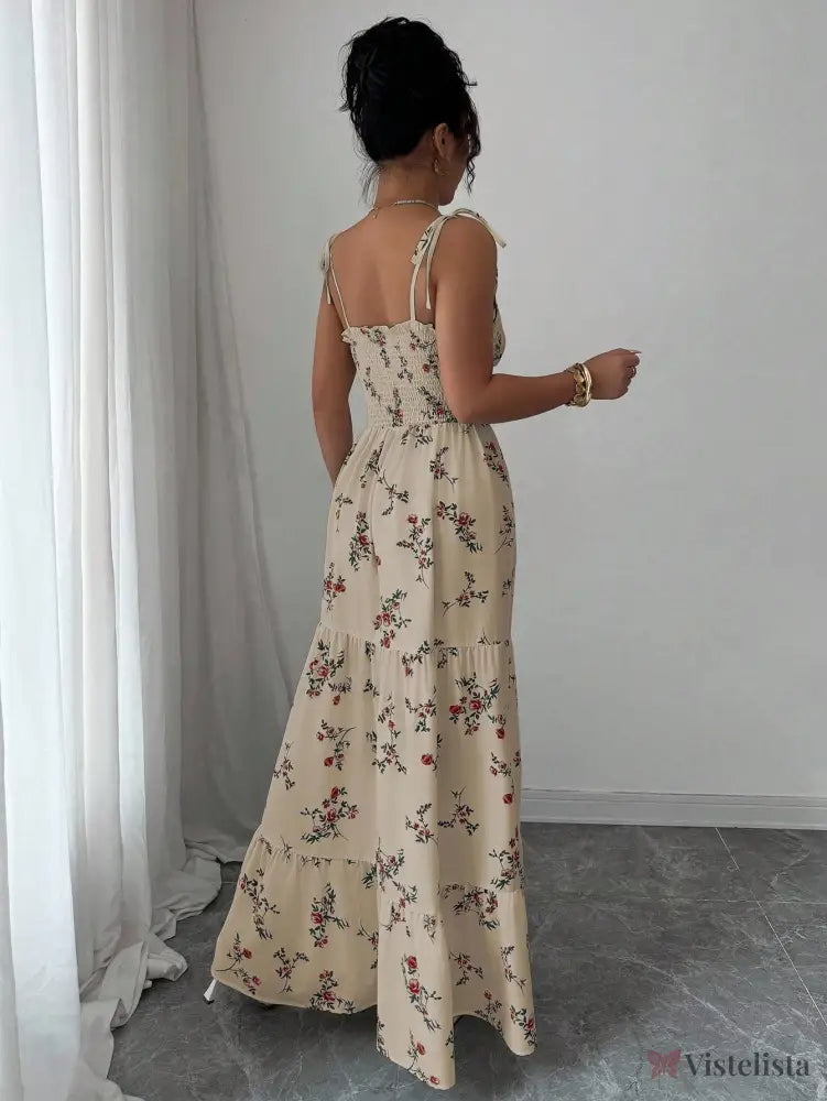 Vestido Longo Estampado Floral Com Alças Finas Ajustáveis Vestido Longo Estampado Floral Com Alças Finas Ajustáveis