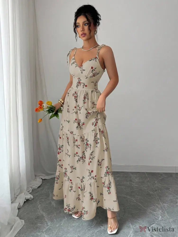 Vestido Longo Estampado Floral Com Alças Finas Ajustáveis Vestido Longo Estampado Floral Com Alças Finas Ajustáveis