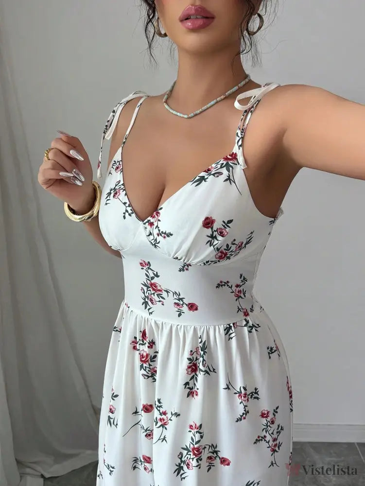 Vestido Longo Estampado Floral Com Alças Finas Ajustáveis Vestido Longo Estampado Floral Com Alças Finas Ajustáveis