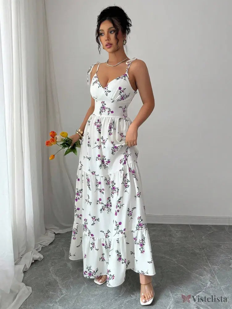 Vestido Longo Estampado Floral Com Alças Finas Ajustáveis Vestido Longo Estampado Floral Com Alças Finas Ajustáveis